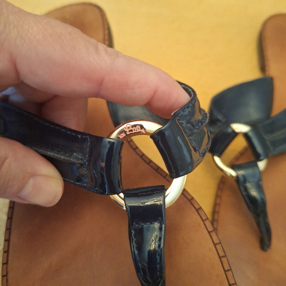 Lilly Pulitzer Leather Navy Made In Brazil Flip Flop Flat Sandals Sz 7 - Picture 2 of 14